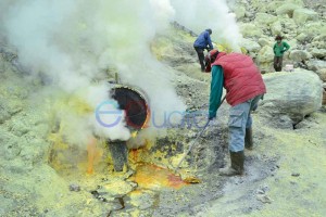 PECAHKAN BELERANG. Seorang penambang belerang tengah memecahkan belerang yang sudah membeku hasil dari penyulingan di Kawah Ijen, Banyuwangi, Jatim