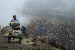 PROSES GOTONG KE PABRIK. Belerang yang sudah dipecahkan di kawasan Kawah Ijen, kemudian dipikul dan dipacking di gunung Ijen untuk kemudian digotong ke PT Candi Ngerimbi