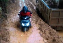 Pikul Motor Melintasi Jalan Provinsi di Sayan-Kotabaru