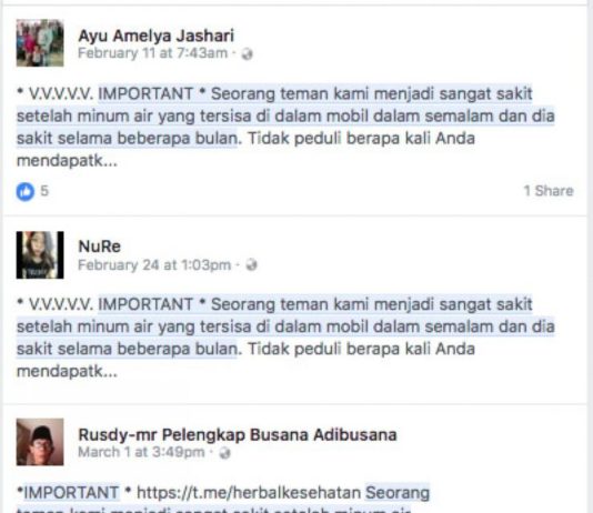 Hoax: Kanker karena Minum Air Mineral yang Lama Tertinggal di Mobil PESAN menakutkan tentang bahaya meminum air mineral yang kepanasan di dalam mobil membuat Badan Pengawasan Obat dan Makanan (BPOM) angkat bicara. Sebab, pesan itu meresahkan. Katanya, air mineral yang kepanasan mengakibatkan kanker. ’’IMPORTANT. Seorang teman kami menjadi sangat sakit setelah minum air yang tersisa di dalam mobil dalam semalam dan dia sakit selama beberapa bulan,’’ tulis kalimat pembuka pesan tersebut. Menurut pesan itu, air kemasan yang ditinggal di dalam mobil sangat berbahaya. Pesan itu mencatut nama musisi Amerika Serikat Sheryl Crow. Menurut dia, Crow pernah mengungkapkan di acara The Ellen Show bahwa meminum air mineral yang tertinggal di dalam mobil bisa mengakibatkan kanker payudara. ’’Telah diidentifikasi sebagai penyebab paling umum dari tingginya tingkat dioksin pada jaringan kanker payudara,’’ tulisnya. Dalam pesan itu juga disebutkan penjelasan ahli onkologi yang pernah menangani Crow. Katanya, perempuan tak seharusnya meminum air kemasan yang ditinggalkan di dalam mobil. ’’Panas bereaksi dengan bahan kimia dalam plastik botol yang melepaskan dioksin ke dalam air. Dioksin adalah toksin yang semakin banyak ditemukan pada jaringan kanker payudara,’’ kata si pembuat pesan. Seperti biasa, si pembuat pesan meminta pembaca mengirimkan pesan tersebut ke semua perempuan di sekitarnya. BPOM langsung bereaksi dengan menerbitkan klarifikasi terkait dengan hal itu. Dalam rilis yang dibuat BPOM disebutkan, pesan itu merupakan hoax lama. ’’Lembaga penelitian yang disebutkan dalam pesan itu juga telah membuat klarifikasinya,’’ tulis rilis BPOM. Dioksin tidak dapat dihasilkan dari kemasan plastik yang terpapar panas di dalam mobil atau plastik yang dibekukan. Menurut BPOM, setiap jenis kemasan pangan, baik berupa plastik, kertas, maupun lainnya, berpotensi melepaskan komponen penyusunnya ke dalam pangan yang dikemas. Perpindahan tersebut dapat meningkat dengan adanya suhu tinggi dan waktu kontak yang lama. Tapi, proses produksi yang baik menjamin komponen penyusun tidak akan terlepas. Kalaupun terlepas, tentu sudah sesuai dengan persyaratan dan tidak menimbulkan risiko bagi kesehatan. ’’BPOM RI melakukan pengawasan dan kajian terhadap beberapa jenis kemasan plastik. Hasilnya menunjukkan bahwa tingkat paparan masyarakat Indonesia masih dalam taraf aman,’’ tulis BPOM. Pesan menakutkan seperti di atas biasanya juga disertai peringatan menggunakan wadah plastik untuk menghangatkan makanan di microwave. Hal itu pun turut dibahas dalam rilis BPOM. Menurut BPOM, tidak semua plastik memang bisa digunakan di microwave. Karena itu, setiap produsen makanan selalu menyertakan instruksi apakah wadahnya bisa dipanaskan di microwave atau tidak. (Jawa Pos/JPG) Fakta : BPOM mengklarifikasi bahwa dioksin tidak dapat dihasilkan dari kemasan plastik yang terpapar panas di dalam mobil atau plastik yang dibekukan.