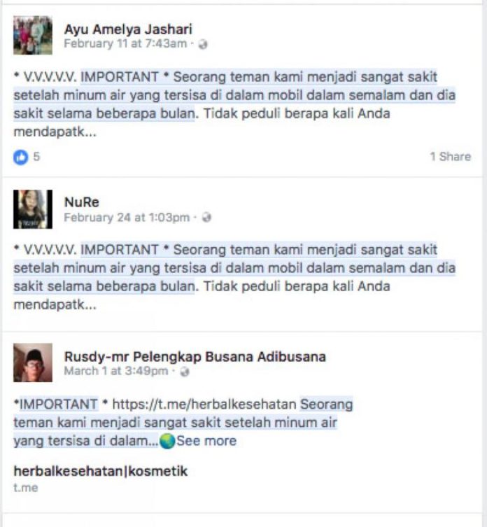 PESAN menakutkan tentang bahaya meminum air mineral yang kepanasan di dalam mobil membuat Badan Pengawasan Obat dan Makanan (BPOM) angkat bicara. Sebab, pesan itu meresahkan. Katanya, air mineral yang kepanasan mengakibatkan kanker. ’’IMPORTANT. Seorang teman kami menjadi sangat sakit setelah minum air yang tersisa di dalam mobil dalam semalam dan dia sakit selama beberapa bulan,’’ tulis kalimat pembuka pesan tersebut. Menurut pesan itu, air kemasan yang ditinggal di dalam mobil sangat berbahaya. Pesan itu mencatut nama musisi Amerika Serikat Sheryl Crow. Menurut dia, Crow pernah mengungkapkan di acara The Ellen Show bahwa meminum air mineral yang tertinggal di dalam mobil bisa mengakibatkan kanker payudara. ’’Telah diidentifikasi sebagai penyebab paling umum dari tingginya tingkat dioksin pada jaringan kanker payudara,’’ tulisnya. Dalam pesan itu juga disebutkan penjelasan ahli onkologi yang pernah menangani Crow. Katanya, perempuan tak seharusnya meminum air kemasan yang ditinggalkan di dalam mobil. ’’Panas bereaksi dengan bahan kimia dalam plastik botol yang melepaskan dioksin ke dalam air. Dioksin adalah toksin yang semakin banyak ditemukan pada jaringan kanker payudara,’’ kata si pembuat pesan. Seperti biasa, si pembuat pesan meminta pembaca mengirimkan pesan tersebut ke semua perempuan di sekitarnya. BPOM langsung bereaksi dengan menerbitkan klarifikasi terkait dengan hal itu. Dalam rilis yang dibuat BPOM disebutkan, pesan itu merupakan hoax lama. ’’Lembaga penelitian yang disebutkan dalam pesan itu juga telah membuat klarifikasinya,’’ tulis rilis BPOM. Dioksin tidak dapat dihasilkan dari kemasan plastik yang terpapar panas di dalam mobil atau plastik yang dibekukan. Menurut BPOM, setiap jenis kemasan pangan, baik berupa plastik, kertas, maupun lainnya, berpotensi melepaskan komponen penyusunnya ke dalam pangan yang dikemas. Perpindahan tersebut dapat meningkat dengan adanya suhu tinggi dan waktu kontak yang lama. Tapi, proses produksi yang baik menjamin komponen penyusun tidak akan terlepas. Kalaupun terlepas, tentu sudah sesuai dengan persyaratan dan tidak menimbulkan risiko bagi kesehatan. ’’BPOM RI melakukan pengawasan dan kajian terhadap beberapa jenis kemasan plastik. Hasilnya menunjukkan bahwa tingkat paparan masyarakat Indonesia masih dalam taraf aman,’’ tulis BPOM. Pesan menakutkan seperti di atas biasanya juga disertai peringatan menggunakan wadah plastik untuk menghangatkan makanan di microwave. Hal itu pun turut dibahas dalam rilis BPOM. Menurut BPOM, tidak semua plastik memang bisa digunakan di microwave. Karena itu, setiap produsen makanan selalu menyertakan instruksi apakah wadahnya bisa dipanaskan di microwave atau tidak. (Jawa Pos/JPG) Fakta : BPOM mengklarifikasi bahwa dioksin tidak dapat dihasilkan dari kemasan plastik yang terpapar panas di dalam mobil atau plastik yang dibekukan. PESAN menakutkan tentang bahaya meminum air mineral yang kepanasan di dalam mobil membuat Badan Pengawasan Obat dan Makanan (BPOM) angkat bicara. Sebab, pesan itu meresahkan. Katanya, air mineral yang kepanasan mengakibatkan kanker. ’’IMPORTANT. Seorang teman kami menjadi sangat sakit setelah minum air yang tersisa di dalam mobil dalam semalam dan dia sakit selama beberapa bulan,’’ tulis kalimat pembuka pesan tersebut. Menurut pesan itu, air kemasan yang ditinggal di dalam mobil sangat berbahaya. Pesan itu mencatut nama musisi Amerika Serikat Sheryl Crow. Menurut dia, Crow pernah mengungkapkan di acara The Ellen Show bahwa meminum air mineral yang tertinggal di dalam mobil bisa mengakibatkan kanker payudara. ’’Telah diidentifikasi sebagai penyebab paling umum dari tingginya tingkat dioksin pada jaringan kanker payudara,’’ tulisnya. Dalam pesan itu juga disebutkan penjelasan ahli onkologi yang pernah menangani Crow. Katanya, perempuan tak seharusnya meminum air kemasan yang ditinggalkan di dalam mobil. ’’Panas bereaksi dengan bahan kimia dalam plastik botol yang melepaskan dioksin ke dalam air. Dioksin adalah toksin yang semakin banyak ditemukan pada jaringan kanker payudara,’’ kata si pembuat pesan. Seperti biasa, si pembuat pesan meminta pembaca mengirimkan pesan tersebut ke semua perempuan di sekitarnya. BPOM langsung bereaksi dengan menerbitkan klarifikasi terkait dengan hal itu. Dalam rilis yang dibuat BPOM disebutkan, pesan itu merupakan hoax lama. ’’Lembaga penelitian yang disebutkan dalam pesan itu juga telah membuat klarifikasinya,’’ tulis rilis BPOM. Dioksin tidak dapat dihasilkan dari kemasan plastik yang terpapar panas di dalam mobil atau plastik yang dibekukan. Menurut BPOM, setiap jenis kemasan pangan, baik berupa plastik, kertas, maupun lainnya, berpotensi melepaskan komponen penyusunnya ke dalam pangan yang dikemas. Perpindahan tersebut dapat meningkat dengan adanya suhu tinggi dan waktu kontak yang lama. Tapi, proses produksi yang baik menjamin komponen penyusun tidak akan terlepas. Kalaupun terlepas, tentu sudah sesuai dengan persyaratan dan tidak menimbulkan risiko bagi kesehatan. ’’BPOM RI melakukan pengawasan dan kajian terhadap beberapa jenis kemasan plastik. Hasilnya menunjukkan bahwa tingkat paparan masyarakat Indonesia masih dalam taraf aman,’’ tulis BPOM. Pesan menakutkan seperti di atas biasanya juga disertai peringatan menggunakan wadah plastik untuk menghangatkan makanan di microwave. Hal itu pun turut dibahas dalam rilis BPOM. Menurut BPOM, tidak semua plastik memang bisa digunakan di microwave. Karena itu, setiap produsen makanan selalu menyertakan instruksi apakah wadahnya bisa dipanaskan di microwave atau tidak. (Jawa Pos/JPG) Fakta : BPOM mengklarifikasi bahwa dioksin tidak dapat dihasilkan dari kemasan plastik yang terpapar panas di dalam mobil atau plastik yang dibekukan.