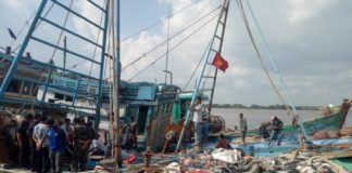 Maling Ikan Kembali Beraksi di Perairan Indonesia PERIKSA. Petugas memeriksa isi kapal berbendera Vietnam yang disandarkan di dermaga Stasiun PSDKP Pontianak, Jumat (23/3) Ambrosius Junius-RK
