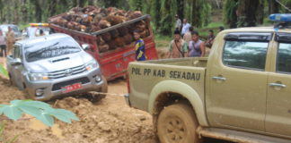 Awasi Proyek Jalan Belitang Rp36 M TERSENDAT : Mobil milik pejabat Pemkab Sekadau terjebak kubangan lumpur di Jalan Akses Belitang, belum lama ini. Tahun ini, ruas jalan tersebut akan diperbaiki. Abdu Syukri