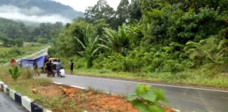 Tak Mampu Menanjak Setelah Tikungan, Truk Bermuatan Semen Terbalik TERBALIK. Truk pengangkut semen ini terbalik di jalan lingkar Sukadana setelah tak mampu menanjak, Minggu (25/3)--Kamiriluddin/RK