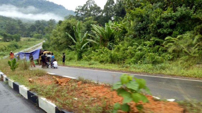 TERBALIK. Truk pengangkut semen ini terbalik di jalan lingkar Sukadana setelah tak mampu menanjak, Minggu (25/3)--Kamiriluddin/RK