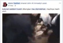 Kabar Bohong Jasad Saddam Hussein Masih Utuh SEBUAH video pendek yang menceritakan mantan Presiden Iraq Saddam Hussein beredar beberapa hari terakhir. Kebanyakan pengunggahnya menyebut apa yang ada dalam video tersebut merupakan pemindahan jasad Saddam. Katanya, setelah bertahun-tahun, jasad Saddam masih utuh. “Kuburan Saddam Hussein dibuka, mau dipindahkan ke desanya. Mayatnya kayak baru dikubur kemarin, syahid. Dia difitnah oleh Amerika dan dihukum mati hakim Syiah,’’ bunyi status yang ditulis akun Facebook Andi Ilham Bambang. Dalam status itu, terselip link video dari YouTube berjudul Jasad Saddam Hussein Masih Utuh, Dimakamkan 13 Tahun Lalu, Alm Saddam Hussein Masih Utuh. Berdasar penelusuran Jawa Pos di menu pencarian Facebook, tidak sedikit orang yang ikut menyebarkan kabar serupa. Video-video tentang jasad Saddam Hussein masih utuh juga banyak tersebar. Bahkan, sebuah portal berita mainstream ikut membuat berita tentang kabar pemindahan makam Saddam yang jasadnya ditemukan masih utuh tersebut pada Senin (16/4). Dalam video itu, memang jasad Saddam Hussein tampak masih utuh. Namun, apa yang ada dalam video tersebut bukan kejadian baru. Melainkan rekaman pemakaman Saddam Hussein setelah meninggal karena eksekusi hukuman gantung. Dikutip dari portal berita asal Jerman DW (Deutsche Welle), pada Sabtu malam, 30 Desember 2016, helikopter Amerika Serikat membawa jenazah Saddam dari Baghdad ke Tikrit. Lalu, pada Minggu pagi (31/12), jenazah Saddam dimakamkan di desa asalnya dekat Kota Tikrit. Jawa Pos menemukan video serupa yang diunggah di YouTube pada 7 Januari 2007 oleh channel FTF80. Artinya, unggahan FTF80 itu dapat mematahkan klaim dari sejumlah netizen yang menyebarkan video serupa beberapa hari terakhir ini. Yakni, klaim bahwa video tersebut memuat pemindahan makam Saddam. Entah apa yang mendasari video lawas itu disebar lagi dengan keterangan yang tidak benar. Namun, dari pencarian di search engine, beberapa hari terakhir memang sejumlah media internasional menurunkan tulisan tentang misteri jasad Saddam Hussein. Media-media yang menurunkan tulisan tersebut, antara lain, NDTV.com (New Delhi Television), Al Arabiya English, dan The Standard (media Kenya). Media-media itu membahas misteri jasad Saddam Hussein setelah rusaknya kompleks sekitar makam pemimpin yang dikenal diktator tersebut. Dikutip dari BBC, pada Maret 2015, kompleks makam Saddam yang disebut mausoleum di Desa Al Awja rusak setelah terjadi pertempuran antara pasukan Iraq yang didukung milisi Syiah melawan militan ISIS. Sejak itulah, menyeruak misteri di mana sebenarnya jasad Saddam Hussein dimakamkan. Ada yang menyebut jasad Saddam dipindahkan loyalisnya sebelum terjadi pertempuran. Yang pasti, video yang beredar belakangan ini bukan video pemindahan makam Saddam. Melainkan video pemakaman Saddam pada 2006. (Jawa Pos/JPG) Fakta: Video yang diklaim sebagai pemindahan makam Saddam Hussein tidak benar. Video tersebut merupakan pemakaman Saddam setelah dihukum gantung pada 2006.