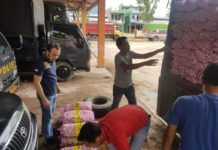 Polsek Sanggau Ledo Amankan 650 Karung Bawang Malaysia PERIKSA. Petugas tengah memeriksa bawang putih asal Malaysia yang diamankan di depan Mapolsek Sanggau Ledo, Minggu (1/4)--Kurnadi/RK