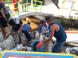 KERJA SAMA-SAMA. Warga Kampung Beting gotong royong memungut sampah Sungai Kapuas, Pontianak, Minggu (15/4). Rizka Nanda-Rakyat Kalbar