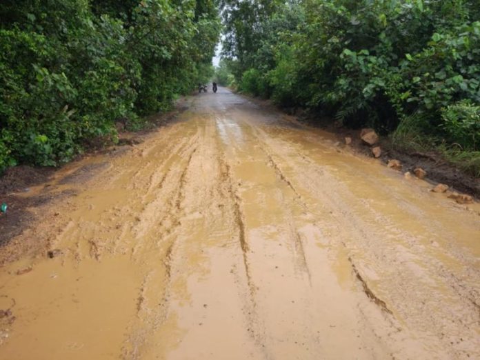 Jalan Rusak. Kondisi jalan provinsi di Desa Simpang Tiga menuju Sukadana rusaknya semakin parah. Kamiriluddin/RK.