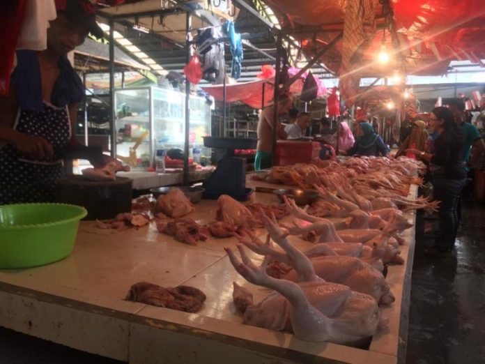 MAHAL. Ayam-ayam potong yang dijual pedagang pasar Flamboyan, Rabu (16/4). Seiring permintaan yang meningkat, harga ayam potong jadi mahal. Nova Sari-RK