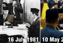 Lewat Pemilu, Rakyat Cabut Kekuasaan Enam Dekade KEMBALI PIMPIN PEMERINTAHAN. KIRI: Mahathir Mohamad ketika dilantik jadi PM Malaysia pada tahun 1981. KANAN: Dilantik kembali jadi PM Malaysia di Istana Raja Malaysia, Kuala Lumpur, Kamis (10/5/2018). New Straits Times