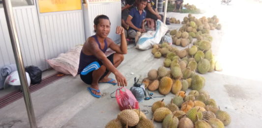 Berkah Musim Durian JUALAN SI RAJA BUAH. Penjual durian di Simpang Munggu, Ngabang, Kamis (26/7). Antonius-RK