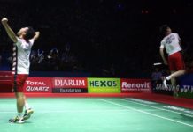 BLIBLI Indonesia Open 2018, Turnamen JUARA GANDA PUTRA. Ekspresi kemenangan Marcus Gideon/Kevin Sukamuljo, setelah menundukkan pasangan Jepang, Takuto Inoue/Yuki Kaneko, di final ganda putra Indonesia Open, Senayan, Jakarta, Minggu (8/7). Chandra Satwika-Jawa Pos