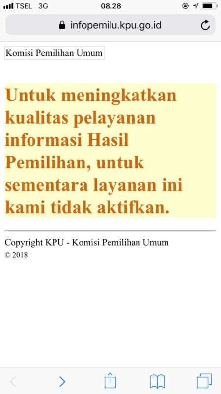 TAK BISA DIAKSES. Tampilan laman infopemilu.kpu.go.id pada Minggu malam (1/7). infopemilu.kpu.go.id