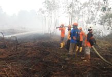 Lahan Terbakar Kepung Pemukiman PADAMKAN API. Petugas melakukan pemadamam api di kawasan Parit Cahaya Baru, Jalan Parit Haji Husin 2, Jumat (17/8) sekira pukul 15.00 WIB. Andi Ridwansyah-RK