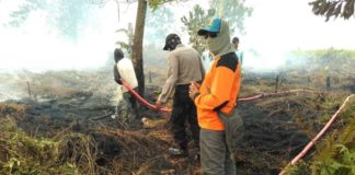 Marak Karhutla, Damkar Swasta Mengeluh PEMADAMAN. Petugas melakukan pemadaman api di Wilayah di Dusun Cempak, Desa Punggur Kecil Kecamatan Sungai Kakap, Minggu (20/8) sekira pukul 11.00 WIB. Polisi for RK
