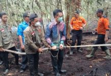 Untan Terancam Sanksi PADAMKAN API. Edi Rusdi Kamtono (berbaju batik) membantu petugas Damkar memadamkan api kebakaran lahan milik Untan Pontianak, Kamis (23/8). Bangun Subekti-RK