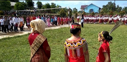 Peringatan Hardiknas, Murid SDN 06 Desa Tapang Pulau Kenakan Pakaian Adat